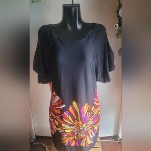 Erin Blair Black Floral Print Abstract Shift Dress With Cold Shoulder Detail XL